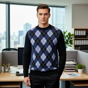 Chereskin NavyBlue Knit Long Sleeve Sweater Men M Argyle Diamond Pullover Preppy